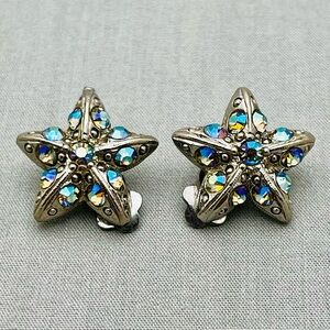Vintage Starfish Clip On Earrings AB Rhinestone Silver Coastal Beach Mermaid